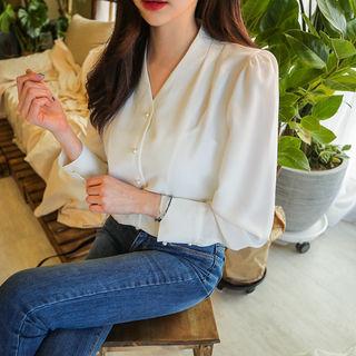 V-neck Faux-pearl Button Crepe Blouse