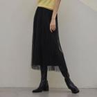 Tulle-overlay Long Crinkled Skirt