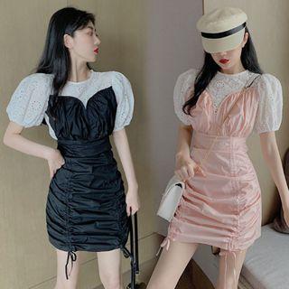 Eyelet Panel Puff-sleeve Ruched Mini Sheath Dress