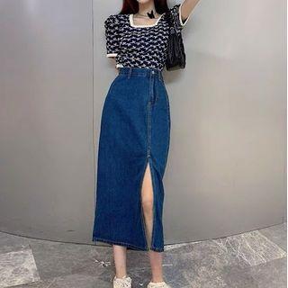 Short-sleeve Flower Print Blouse / Side-slit Denim Midi Pencil Skirt / Set
