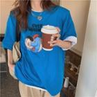 Padded-shoulder Cartoon Print T-shirt