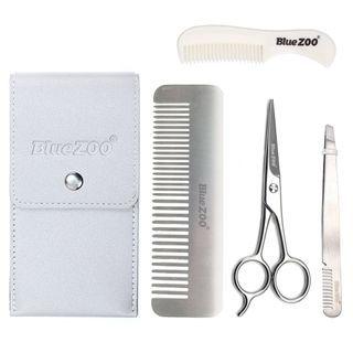 Set Of 5: Hair Cutting Scissors + Tweezers + Hair Comb (various Designs) + Faux Leather Case Set Of 5 - Bluezoo Logo - With Gray Rectangle Pu Case - Silver - One Size