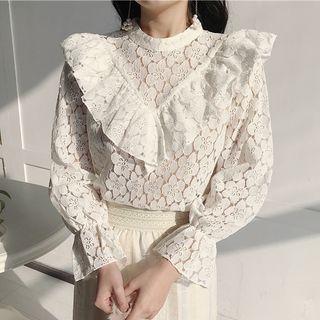 Ruffled Long-sleeve Lace Blouse