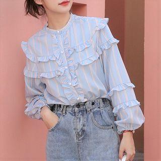 Ruffled Striped Blouse 5257 - Shirt - Light Blue - One Size