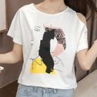 Asymmetric Cold-shoulder Short-sleeve Printed T-shirt