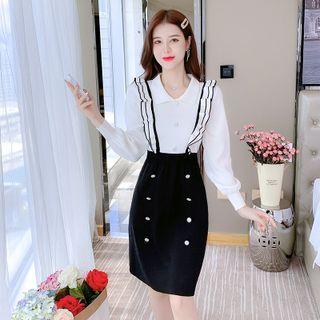 Two Tone Ruffled Knit Mock Two-piece Dress Black & White - One Size