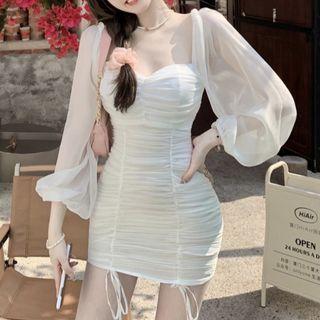 Ruched Drawstring Puff-sleeve Dress