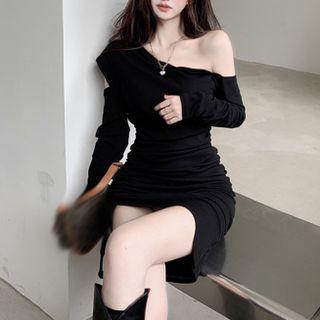 Asymmetrical Off-shoulder Drawstring Mini Dress Black - One Size