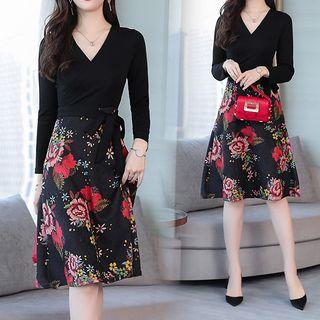 V-neck Floral Panel A-line Dress