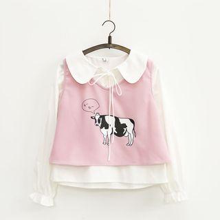 Set: Peter Pan Collar Blouse + Cow Print Sleeveless Top