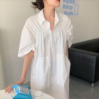 Elbow-sleeve Crinkled Midi Shirt Dress White - One Size