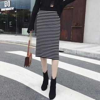 Striped Midi Straight Cut Skirt Stripes - Black & White - One Size