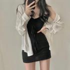 Plain Shirt / Spaghetti Strap Drawstring Mini Sheath Dress
