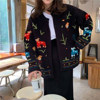 Embroidered Loose-fit Cardigan Black - One Size
