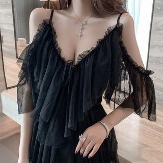 Cutout Shoulder Frilled Trim Mesh Top