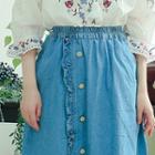Frilled Denim A-line Midi Skirt Blue - One Size