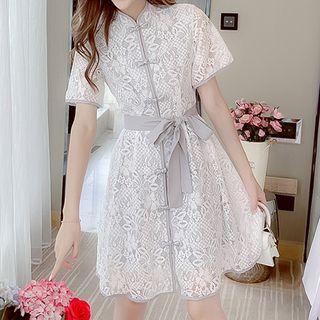 Short-sleeve Frog Buttoned Lace Mini Dress