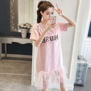 Mesh Hem Short Sleeve Ripped Short Sleeve Dress