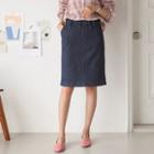 Band-waist Denim Skirt Dark Blue - One Size