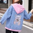 Bear Print Mock Two-piece Denim Jacket
