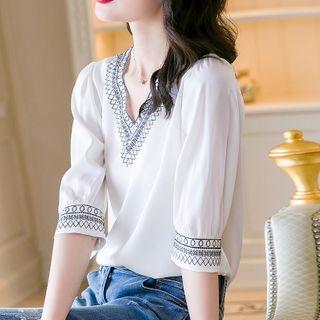 Elbow-sleeve Contrast Trim V-neck Blouse