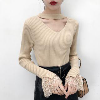 Halter V-neck Plain Knit Top