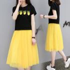 Set: Pineapple Sequined Short Sleeve T-shirt + Midi Mesh Skirt