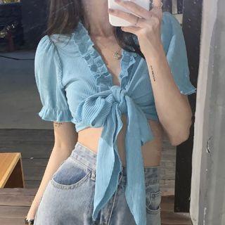 Short-sleeve Front Knot T-shirt Blue - One Size