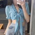Short-sleeve Front Knot T-shirt Blue - One Size