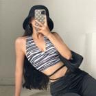 Zebra Printed V-neck Cropped Sleeveless Top