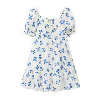 Short-sleeve Printed Mini A-line Dress White - One Size