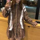 Lace Panel Plaid Long-sleeve A-line Dress As Shown In Figure - One Size