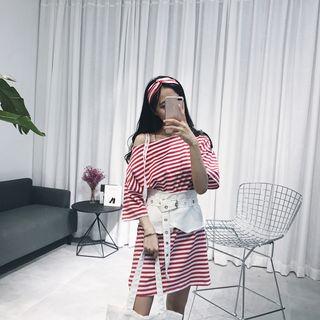 Stripe Open Shoulder Elbow-sleeve Dress