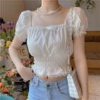 Puff-sleeve Shirred Lace Trim Crop Top White - One Size