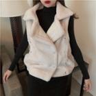 Faux Shearling Double-breasted Vest / Long-sleeve Mock Neck Top / Midi Knit Skirt