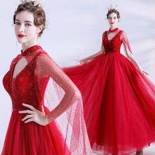 Set: Sleeveless A-line Evening Gown + Mesh Cape