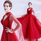 Set: Sleeveless A-line Evening Gown + Mesh Cape