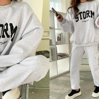 Set: Letter Sweatshirt + Patch-pocket Jogger Pants Melange White - One Size