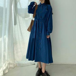 Long-sleeve Buttoned Corduroy Maxi Dress Blue - One Size