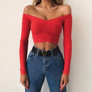 Long-sleeve Off-shoulder Shirred Cropped T-shirt