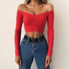 Long-sleeve Off-shoulder Shirred Cropped T-shirt