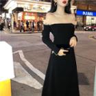 Off-shoulder Long-sleeve Mesh-frill Midi A-line Dress 9003 - Black - One Size