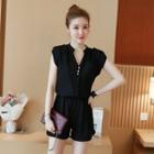 Set: Plain Split-neck Sleeveless Top + Shorts