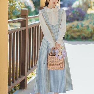 Set: Plain Shirt + Gingham Midi Overall Dress