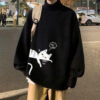Turtleneck Cat Print Fleece-lined Sweater