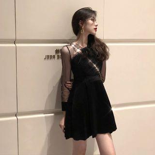 Mesh Panel A-line Dress Black - One Size