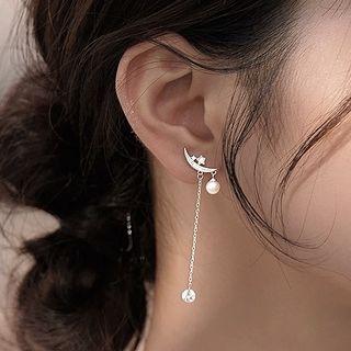 Moon & Star Faux Pearl Sterling Silver Dangle Earring