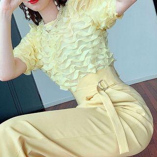 Set: Elbow-sleeve Ruffle Blouse + Pants