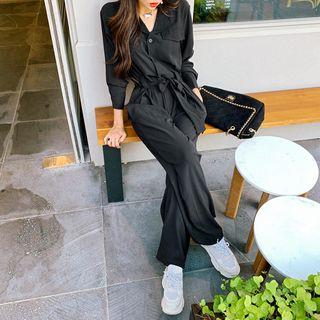 Open-placket Flap Wide-leg Jumpsuit With Sash