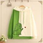 Dinosaur Embroidered Color Block Fleece-lined Hoodie With Lining - As Shown In Figure - One Size